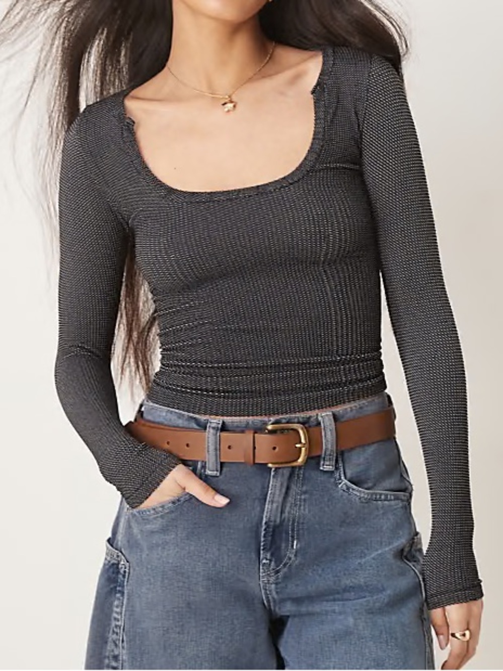 Free People Ribbed Scoop Neck Longsleeve Top Size Large-XL Washed Black New